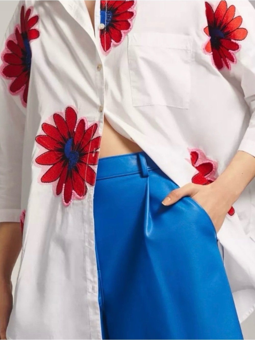 Anthropologie Maeve Alameda White, Red, & Pink Embroidered Beaded Flower Shirt